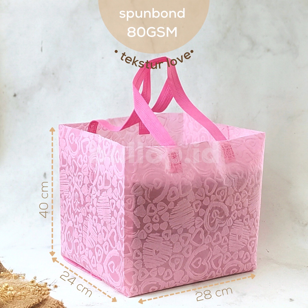SPUNBOND 28 24 40 CM PINK Tas Cake Roti Box Kue Bag Eco Friendly MOTIF