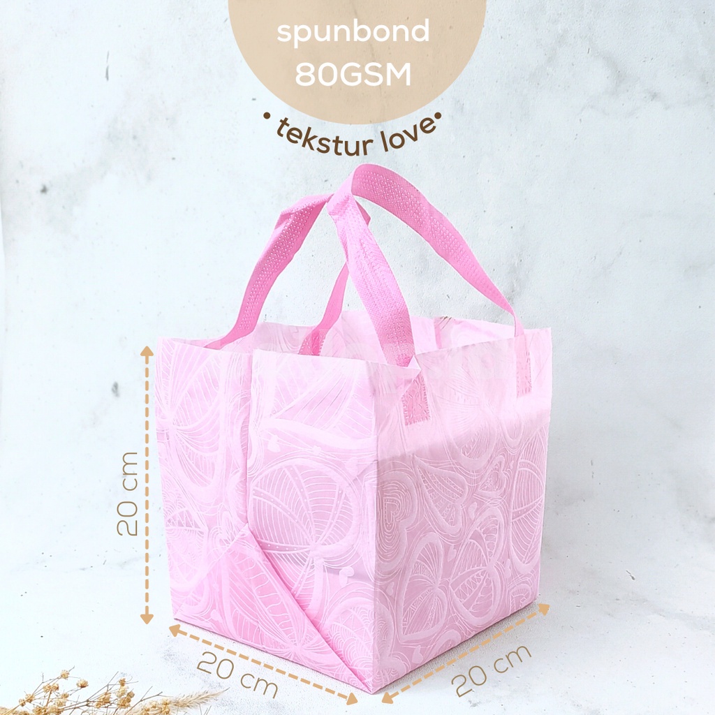 SPUNBOND 20 20 20 CM PINK Tas Cake Roti Box Kue Bag Eco Friendly MOTIF