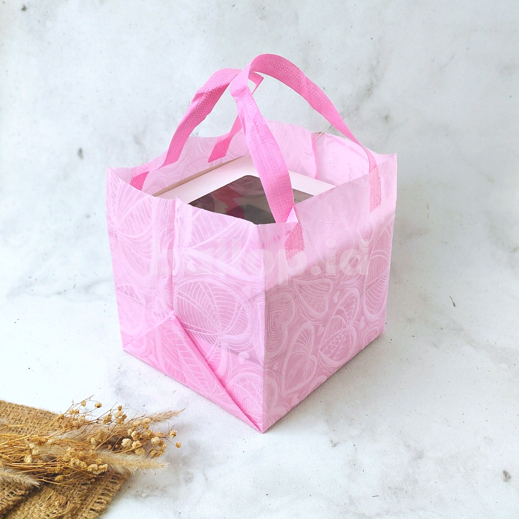 SPUNBOND 20 20 20 CM PINK Tas Cake Roti Box Kue Bag Eco Friendly MOTIF