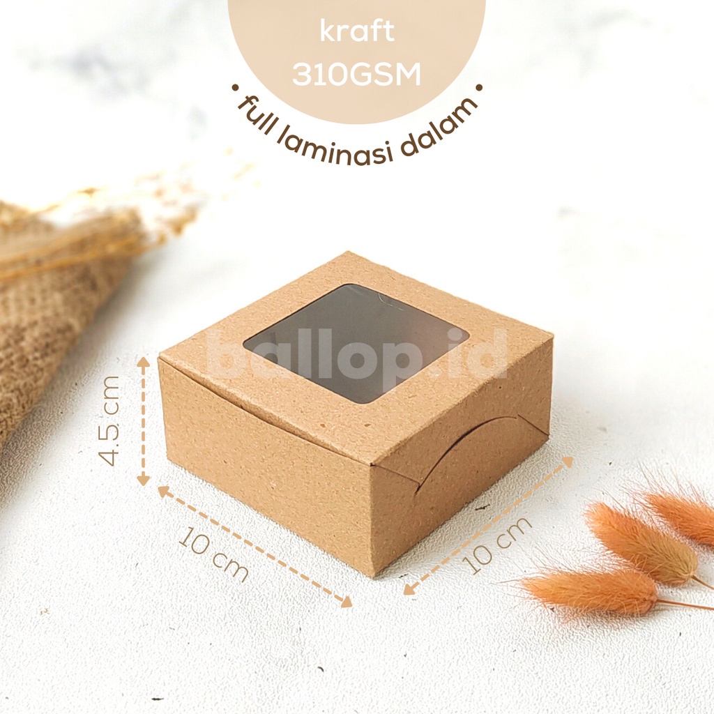 KRAFT 10 10 4,5 CM LAMINASI JENDELA Kotak Kemasan Dus Cookies Kecil Donat Roti Kue