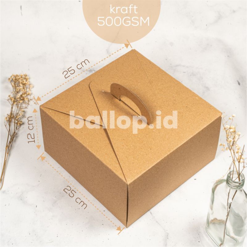 KRAFT 25 25 12 CM Kotak Box Pegangan Handle Kemasan Packing Cake Pudding Kue Tart Roti Coklat