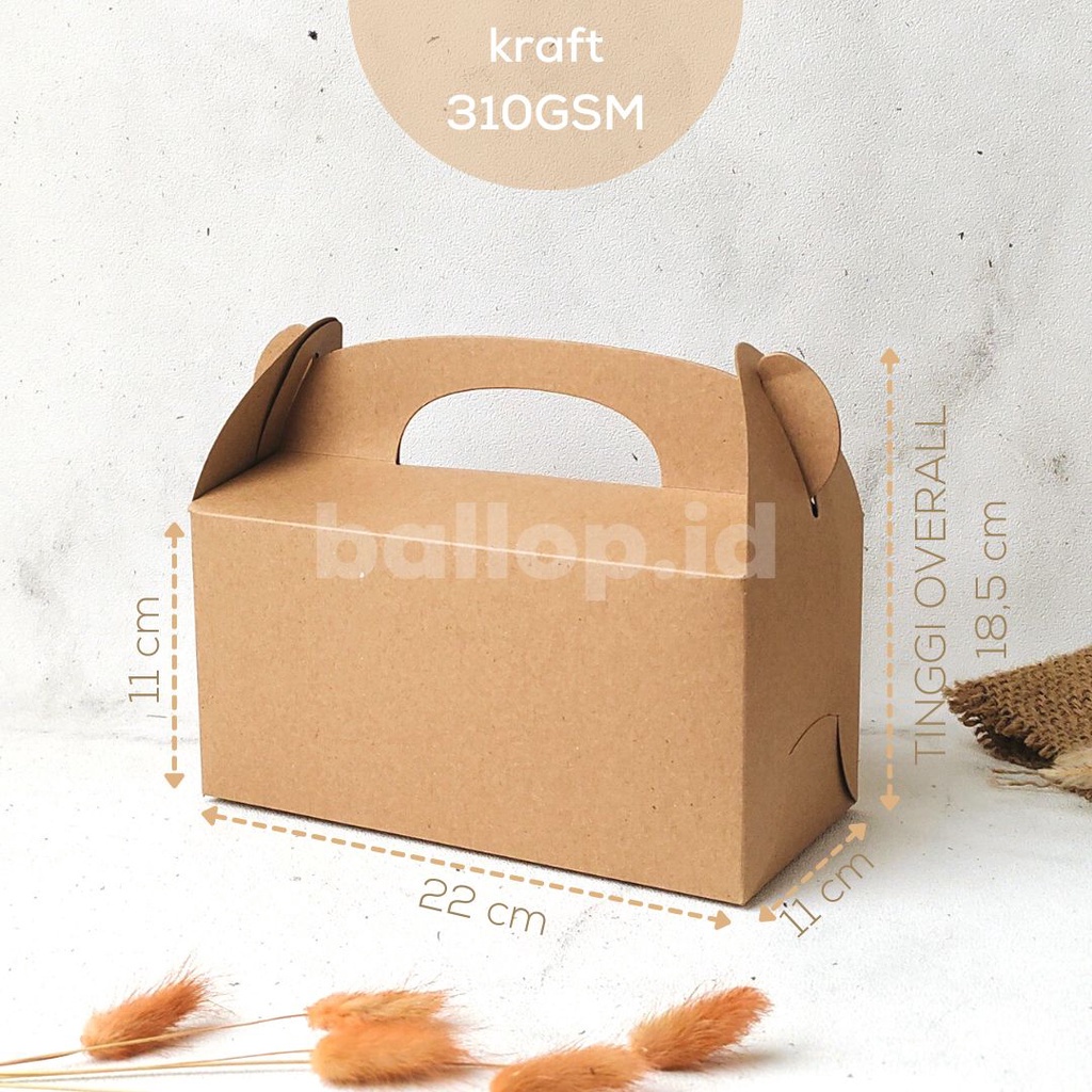 KRAFT 22 11 11 CM GABLE BOX Kotak Hamper Handle Snack Dessert Dus Roti Kue Gift Toples