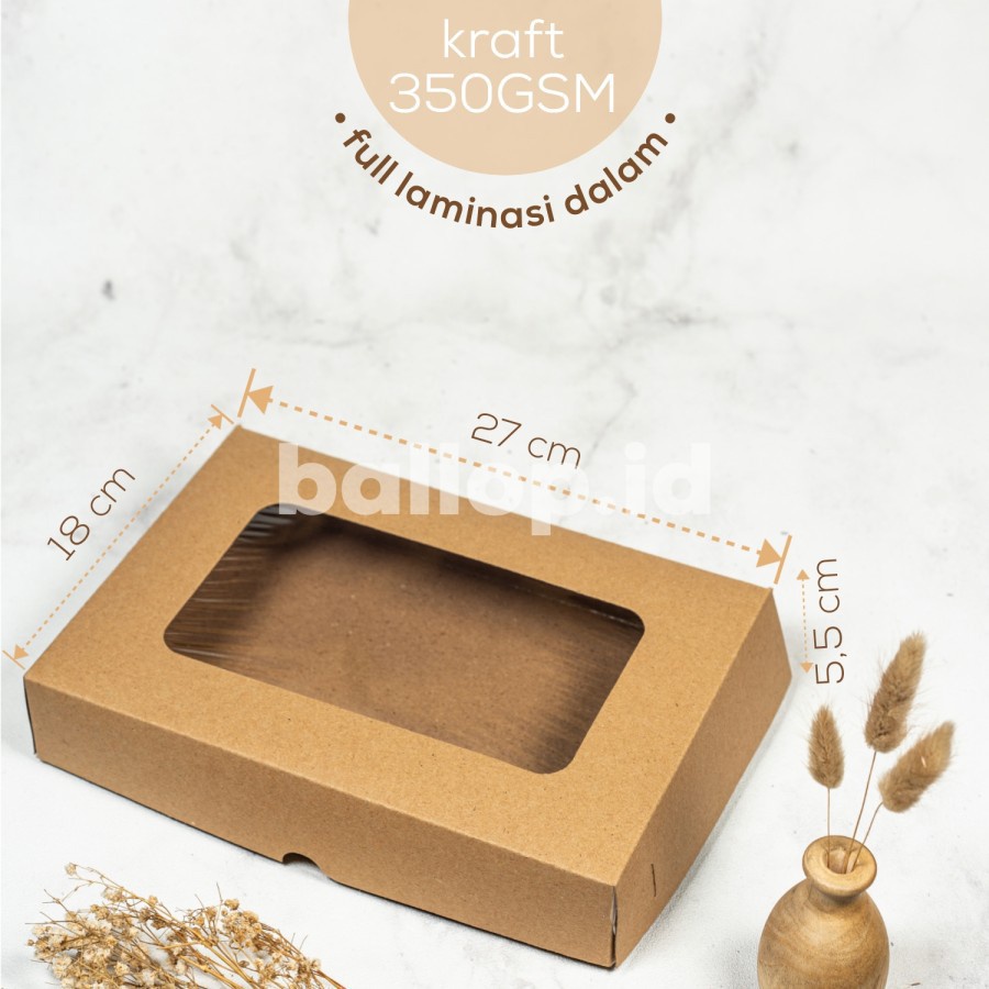 KRAFT 27 18,5 5 CM Laminasi Jendela Prsegi Panjang Kotak Box Kemasan Dus Roti Kue Snack Coklat Donat