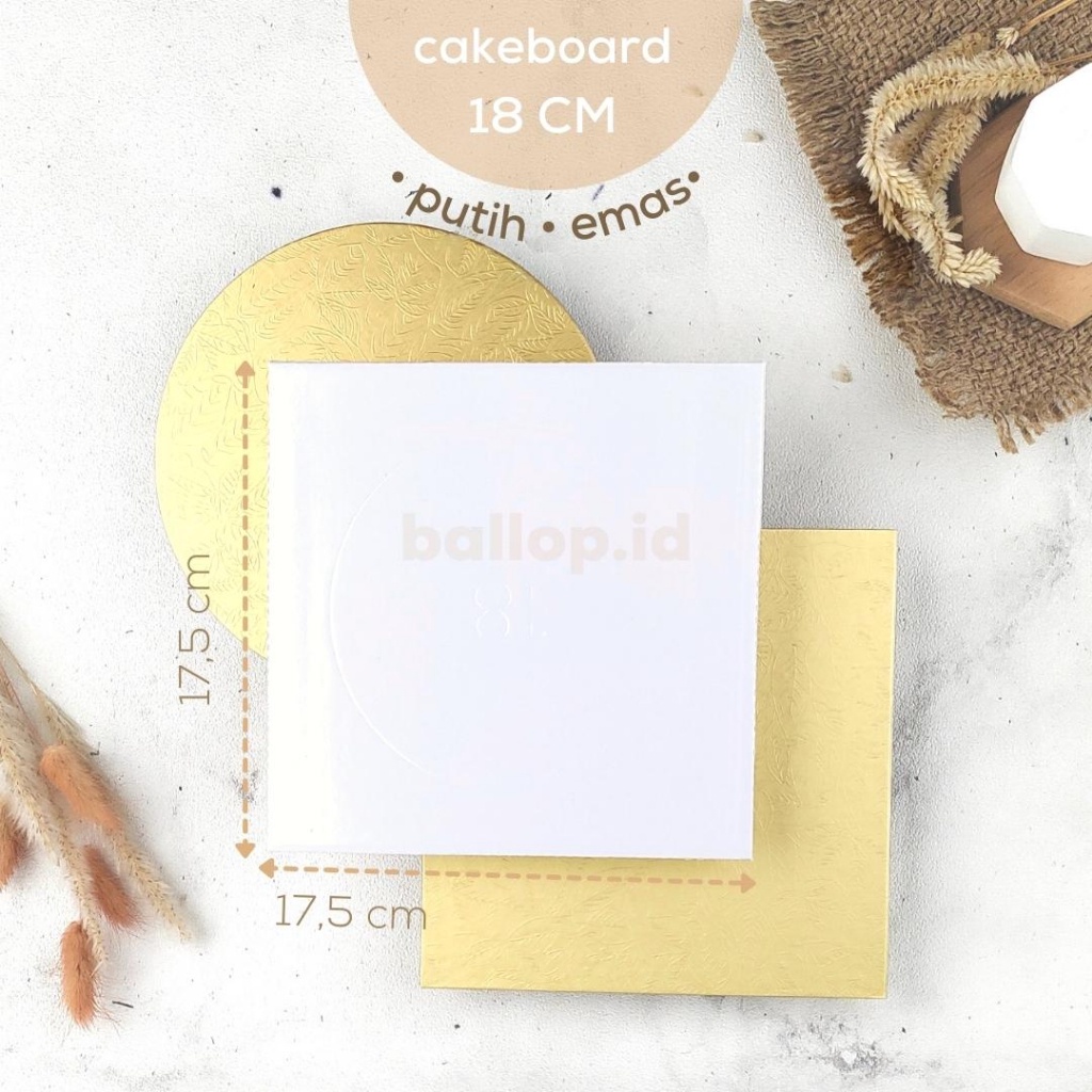 CAKEBOARD 18 CM Alas Tatakan Papan Kue Tart Pudding Roti Kotak Box Square Round Bulat Cake Board Putih Emas Gold