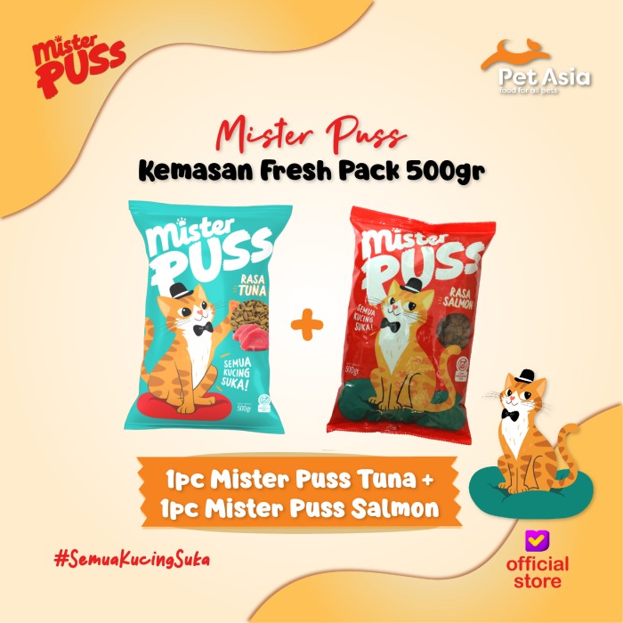 1 pack Mister Puss Tuna + Mister Puss Salmon 500gr (Free 1 botol SF)