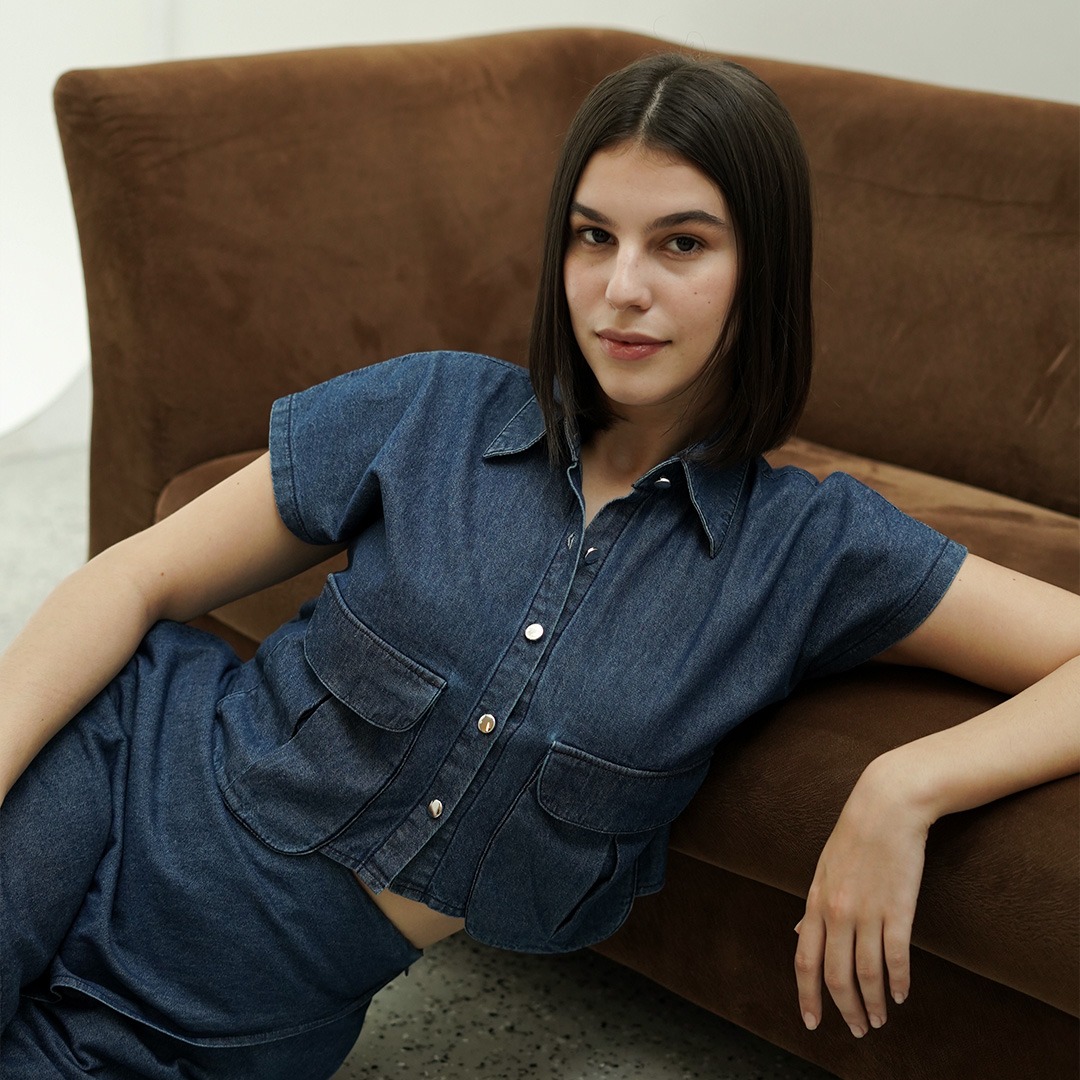 [Tutuloph] Quinn Crop Top | Atasan Denim Lengan Pendek Crop Top Short Sleeve | Denim Top Jeans - Denim Collection | Atasan Kemeja Kancing Denim All size Normal Big size Premium 