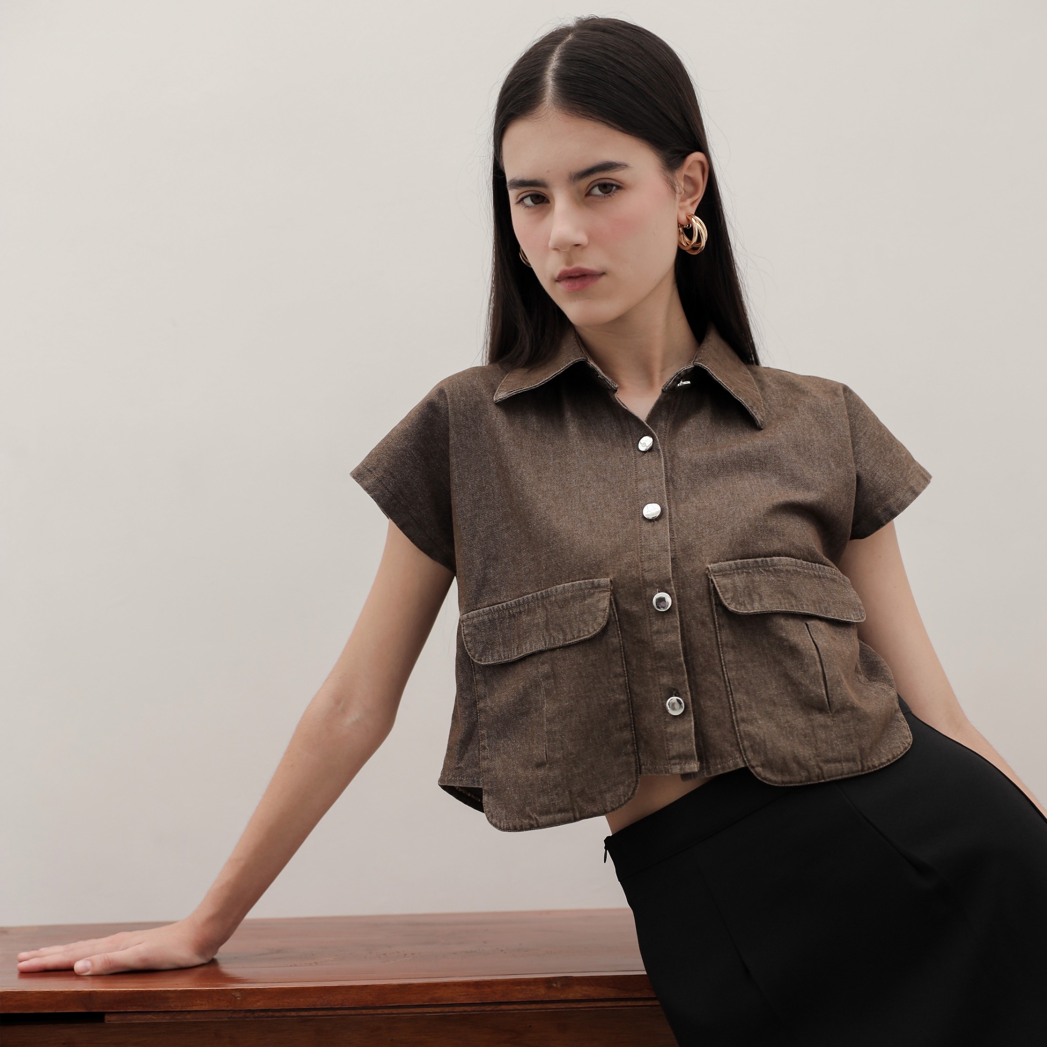 [Tutuloph] Quinn Crop Top | Atasan Denim Lengan Pendek Crop Top Short Sleeve | Denim Top Jeans - Denim Collection | Atasan Kemeja Kancing Denim All size Normal Big size Premium 