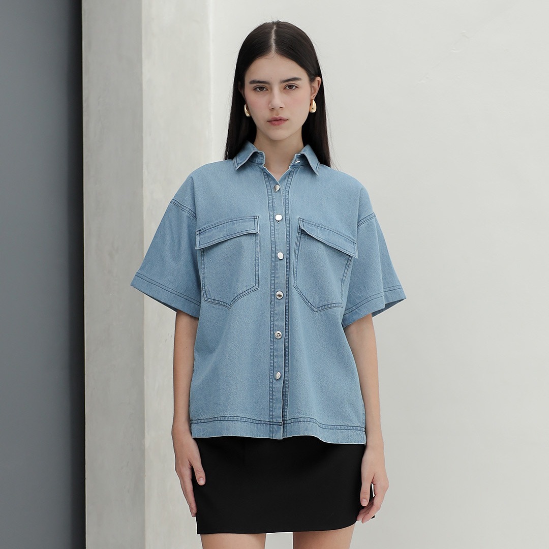[Tutuloph] Lovy Shirt | Atasan Wanita Denim Top Jeans | Kemeja Pendek Oversized Denim Casual Fashion Normal Bigsize