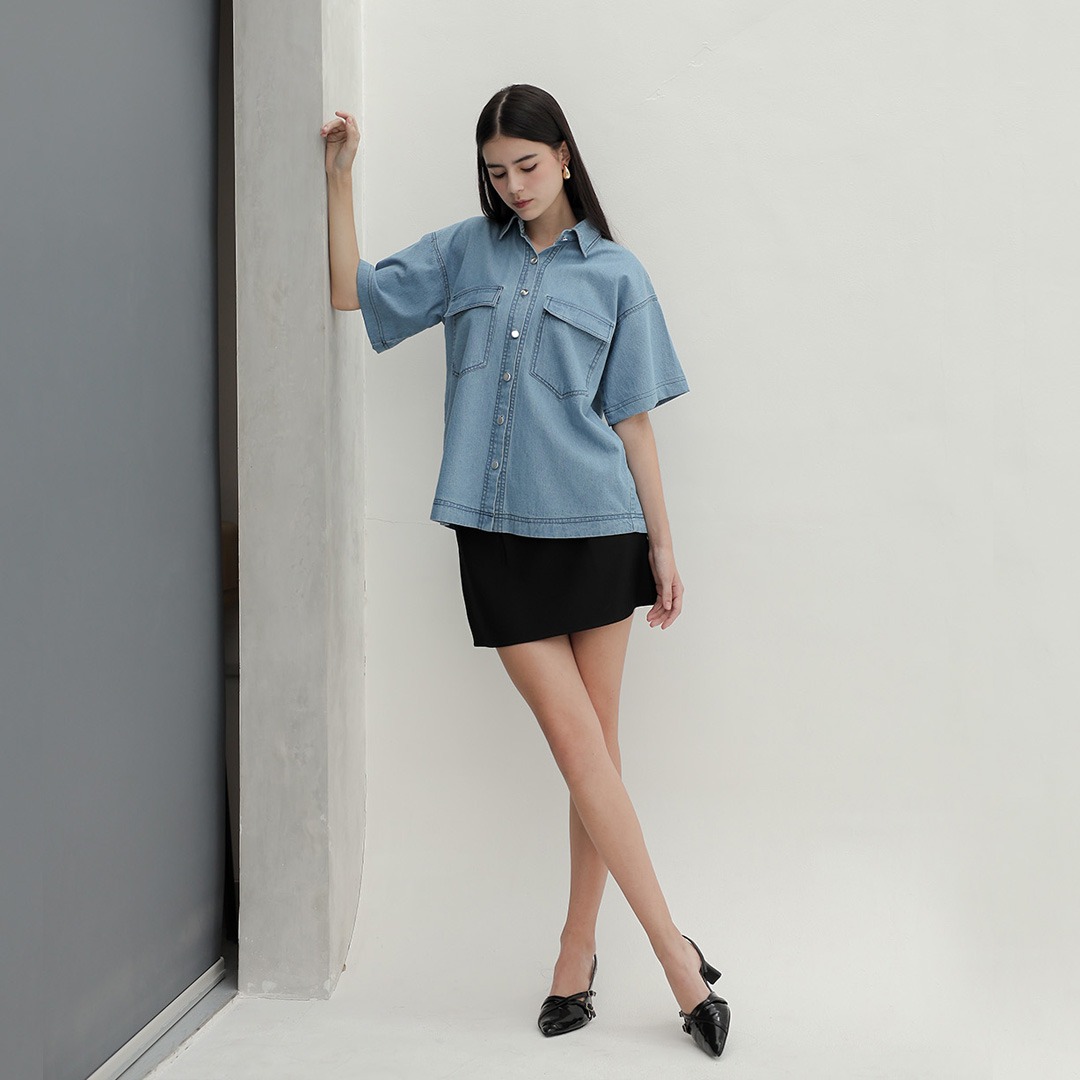 [Tutuloph] Lovy Shirt | Atasan Wanita Denim Top Jeans | Kemeja Pendek Oversized Denim Casual Fashion Normal Bigsize