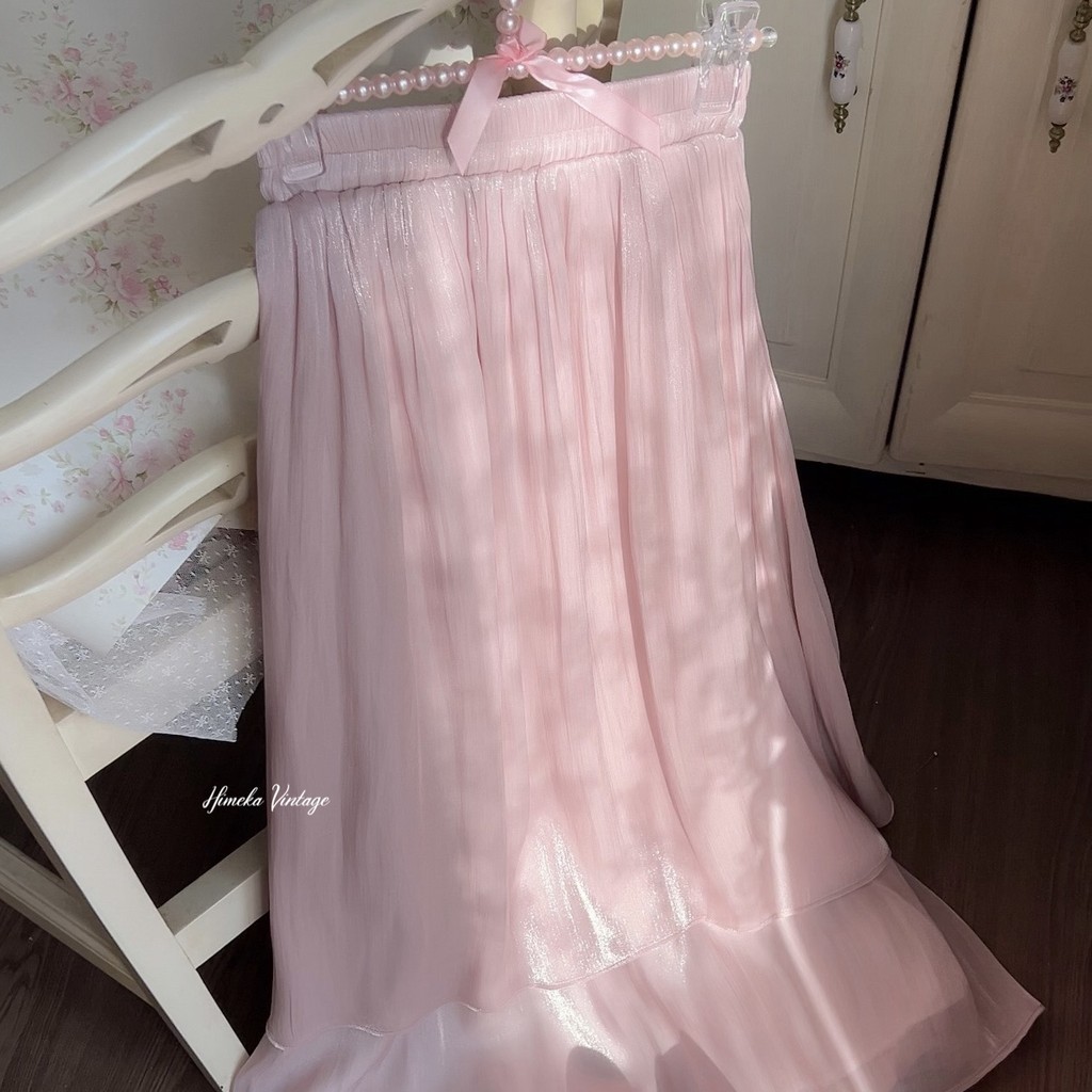 Calia Shimmer Skirt Pink and Cream beige by Himeka Vintage