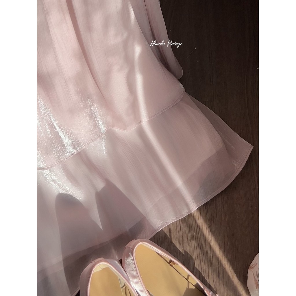 Calia Shimmer Skirt Pink and Cream beige by Himeka Vintage