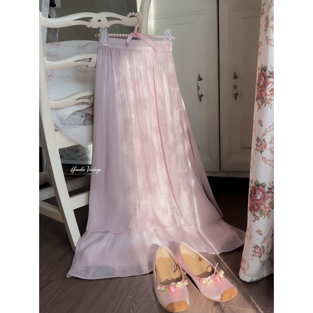 Calia Shimmer Skirt Pink and Cream beige by Himeka Vintage