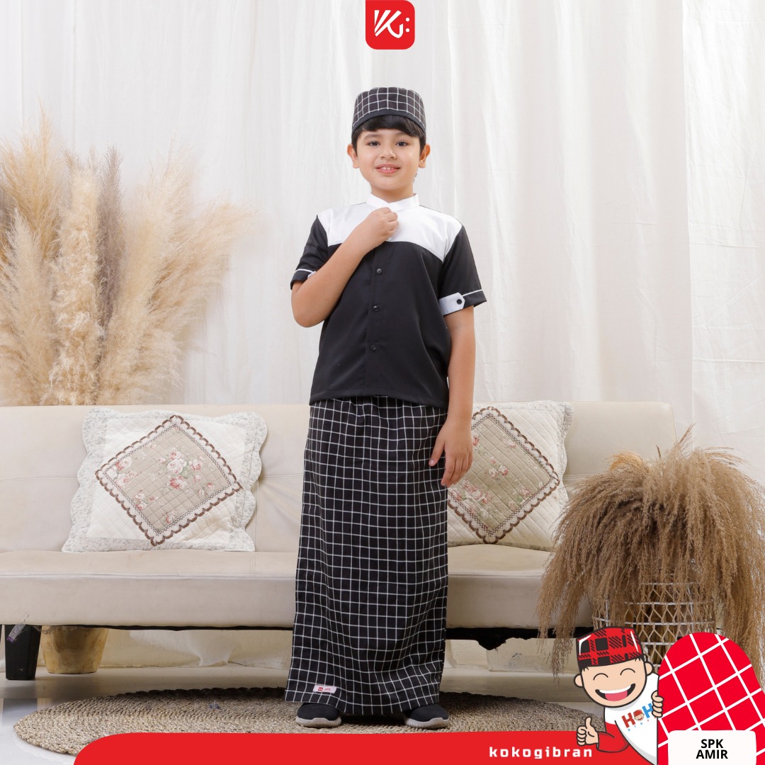 Set SPK Anak KokoGibran / Set Shalat Hitam Putih / Set Sarung Peci Koko / Set Shalat Anak Terfavorite / Set Shalat Anak (AMIR)