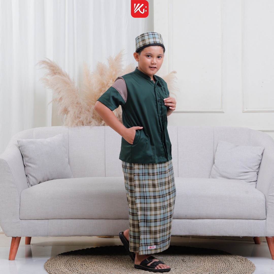 (AZMI) Set Koko Sarung Instan Peci AnaK Hijau