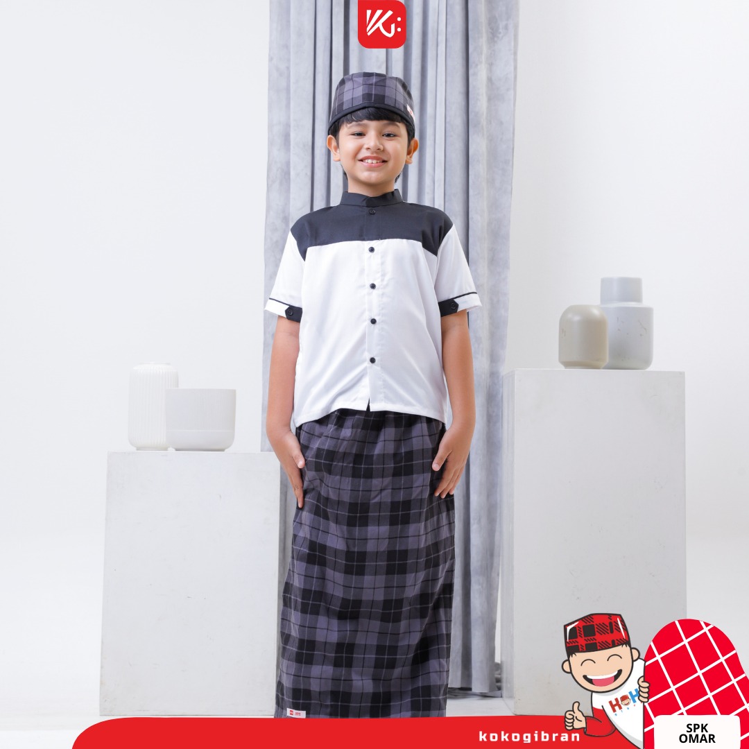 Set SPK Anak KokoGibran / Sarung Koko Peci Anak (Seri Omar) / Sarkoci KokoGibran / Sarcelko / Baju Muslim Anak / Pakaian Muslim Anak