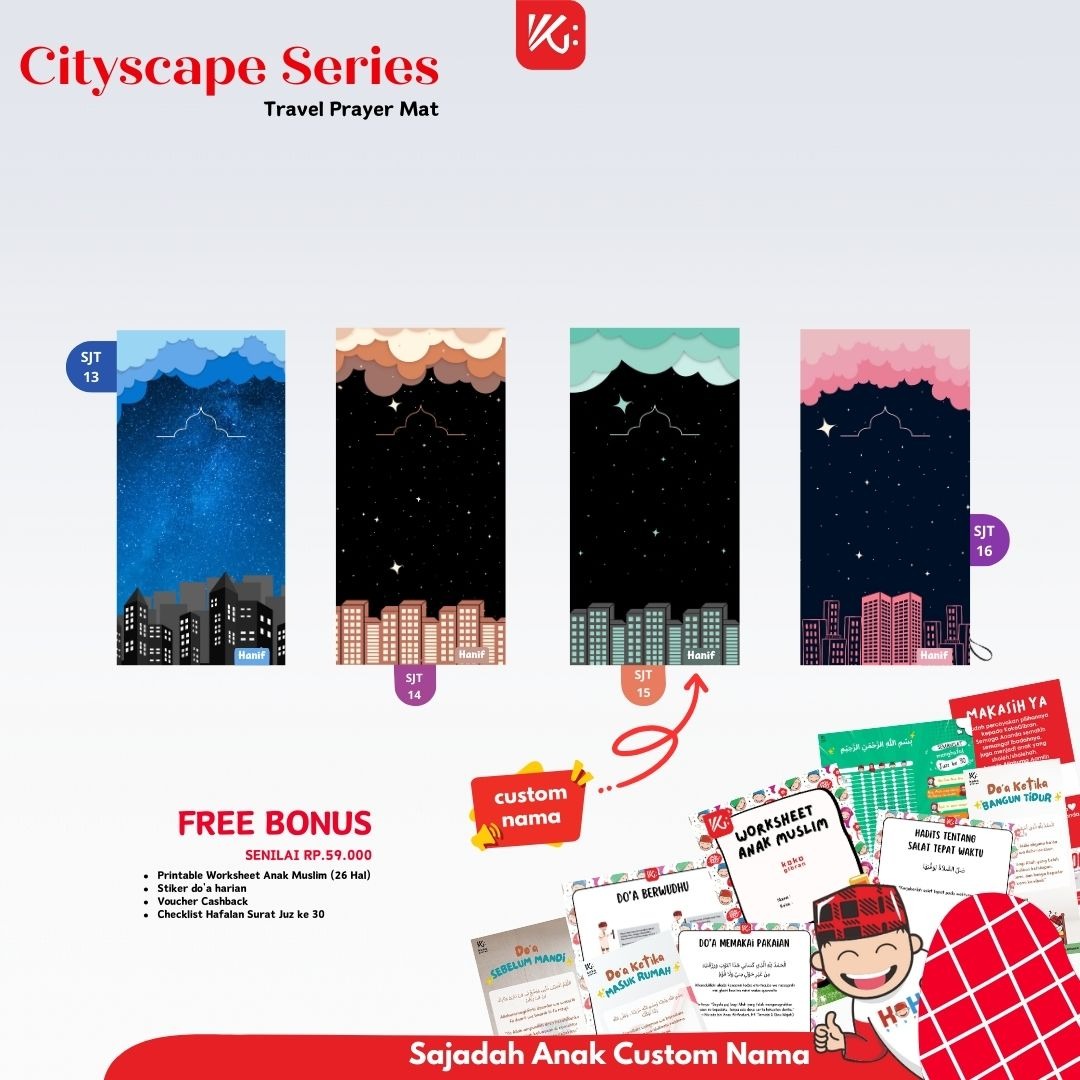 Sajadah Travel Anak Custom Nama KokoGibran / Sajadah Travel / Sajadah Custom (Cityscape Series)