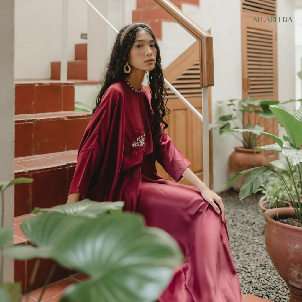 Asha kaftan - in Maroon - Kaftan wanita - dress wanita muslimah - dress panjang - dress lengan panjang - kaftan panjang wanita