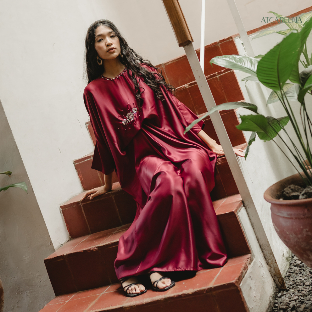 Asha kaftan - in Maroon - Kaftan wanita - dress wanita muslimah - dress panjang - dress lengan panjang - kaftan panjang wanita