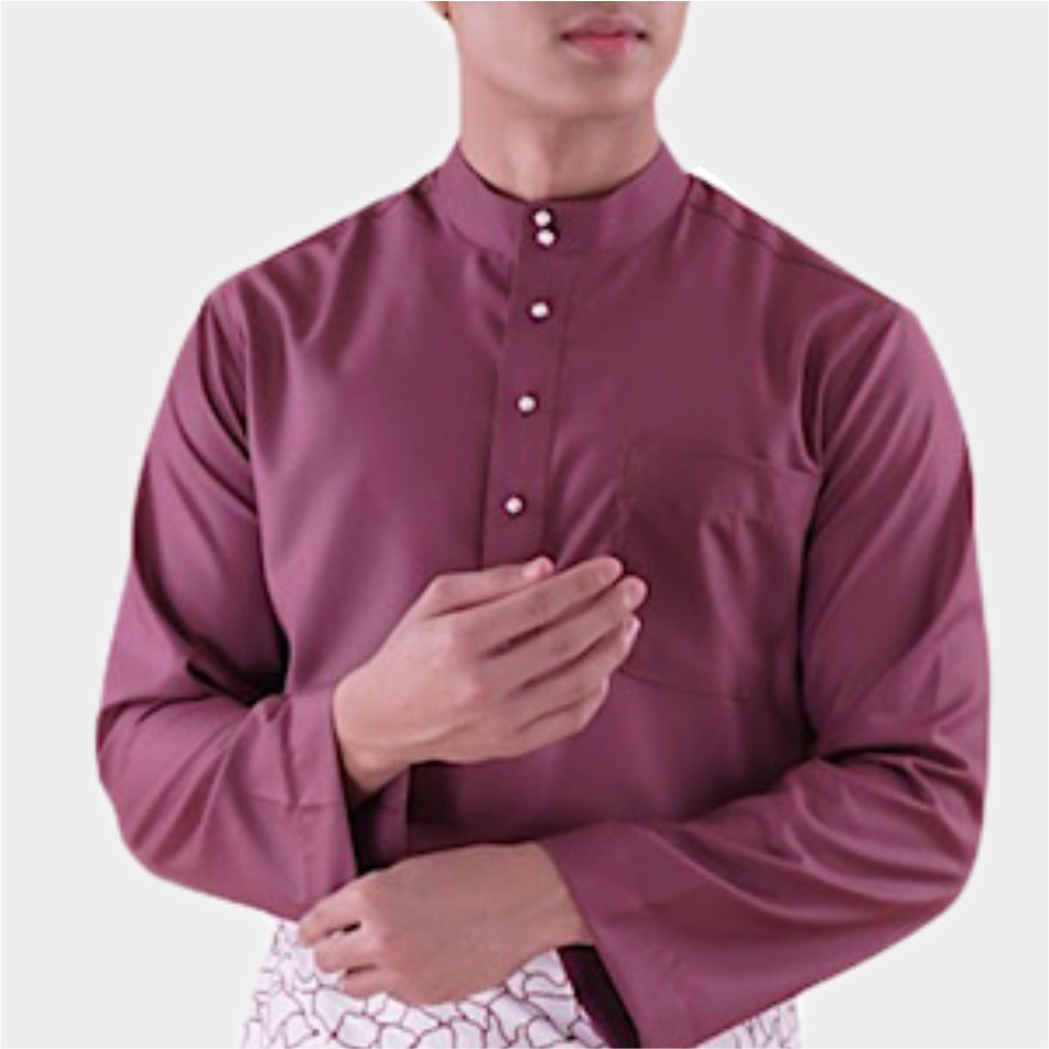 Baju Koko Pria Melayu Cekak Musang Bahan Satin Setelan Muslim Kurung Teluk Belanga Lavender