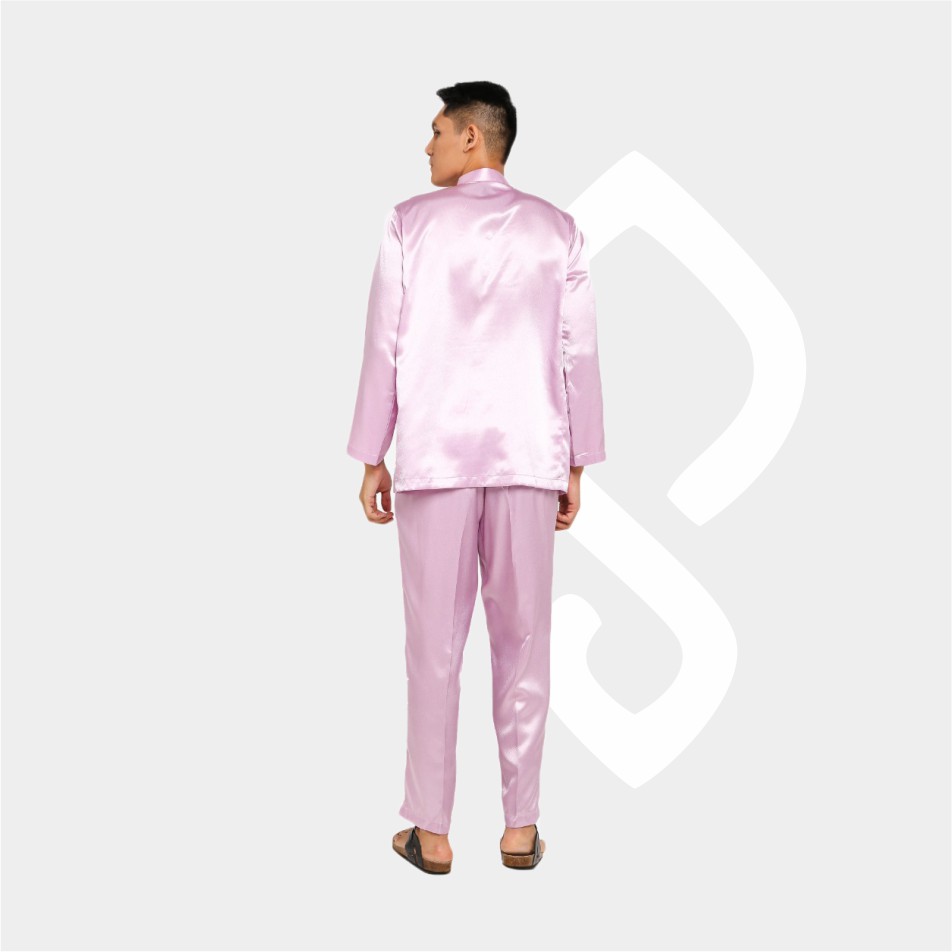 Baju Koko Pria Melayu Cekak Musang Bahan Satin Setelan Muslim Kurung Teluk Belanga Pink