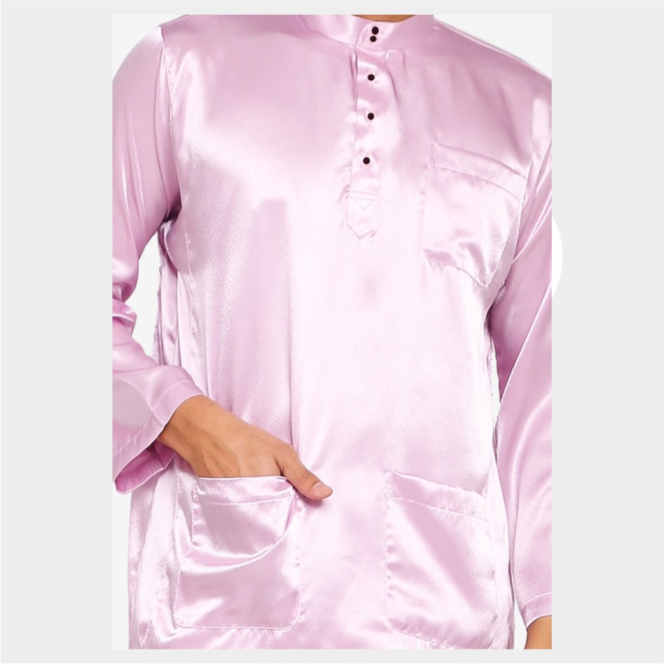 Baju Koko Pria Melayu Cekak Musang Bahan Satin Setelan Muslim Kurung Teluk Belanga Pink