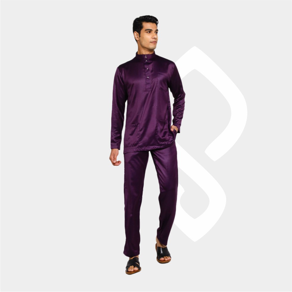 Baju Koko Pria Melayu Cekak Musang Bahan Satin Setelan Muslim Kurung Teluk Belanga Purple