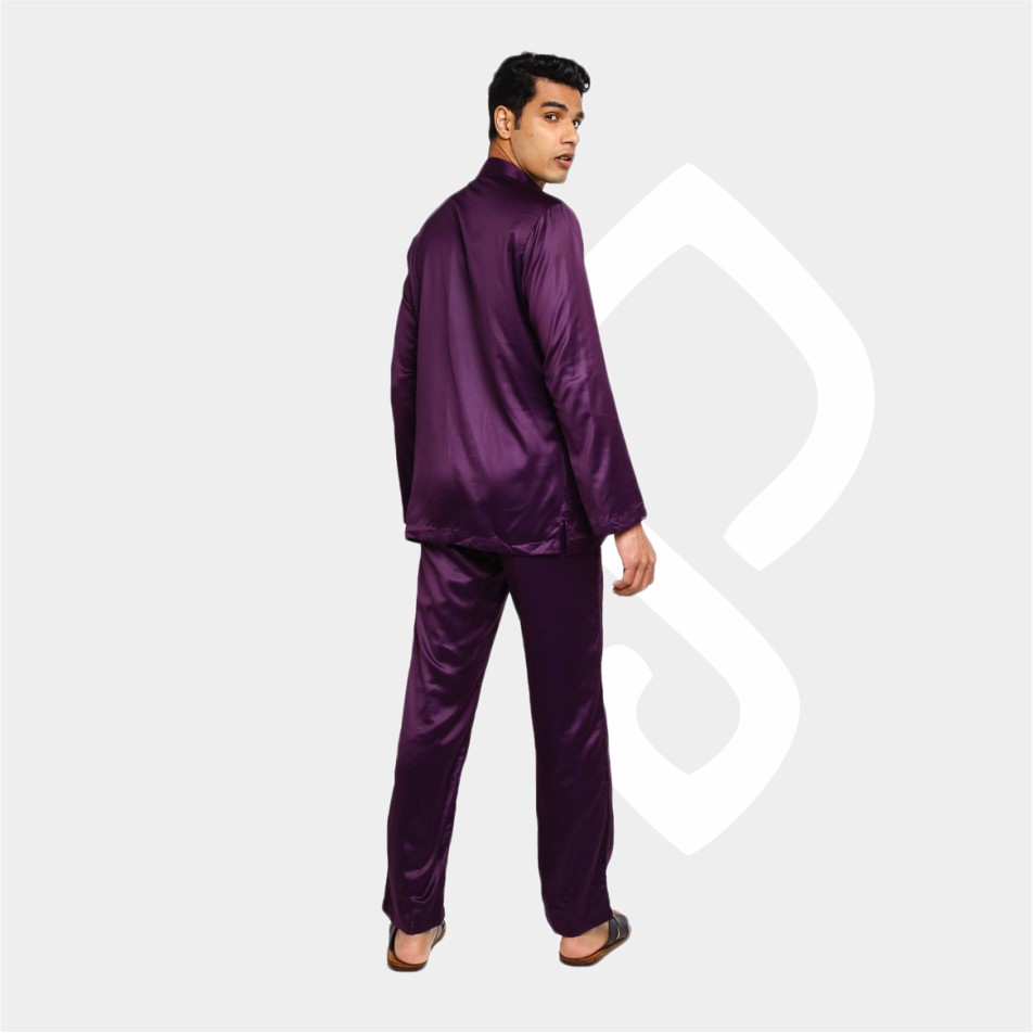 Baju Koko Pria Melayu Cekak Musang Bahan Satin Setelan Muslim Kurung Teluk Belanga Purple