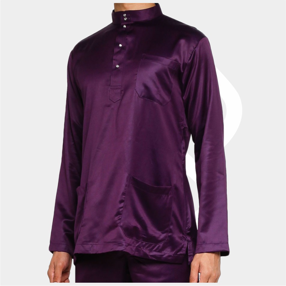 Baju Koko Pria Melayu Cekak Musang Bahan Satin Setelan Muslim Kurung Teluk Belanga Purple