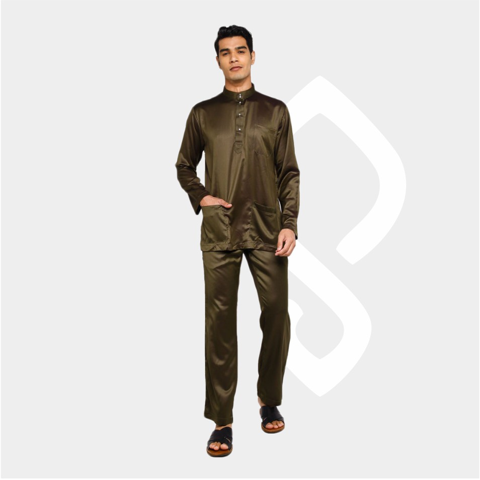 Baju Koko Pria Melayu Cekak Musang Setelan Muslim Kurung Teluk Belanga Hijau Olive