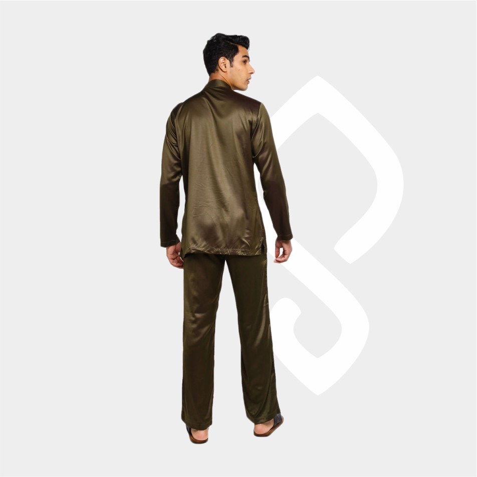 Baju Koko Pria Melayu Cekak Musang Setelan Muslim Kurung Teluk Belanga Hijau Olive