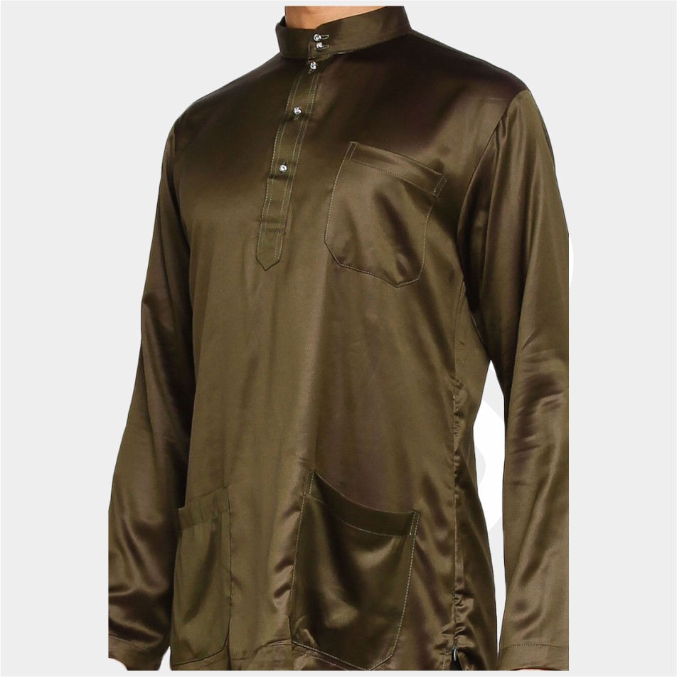 Baju Koko Pria Melayu Cekak Musang Setelan Muslim Kurung Teluk Belanga Hijau Olive
