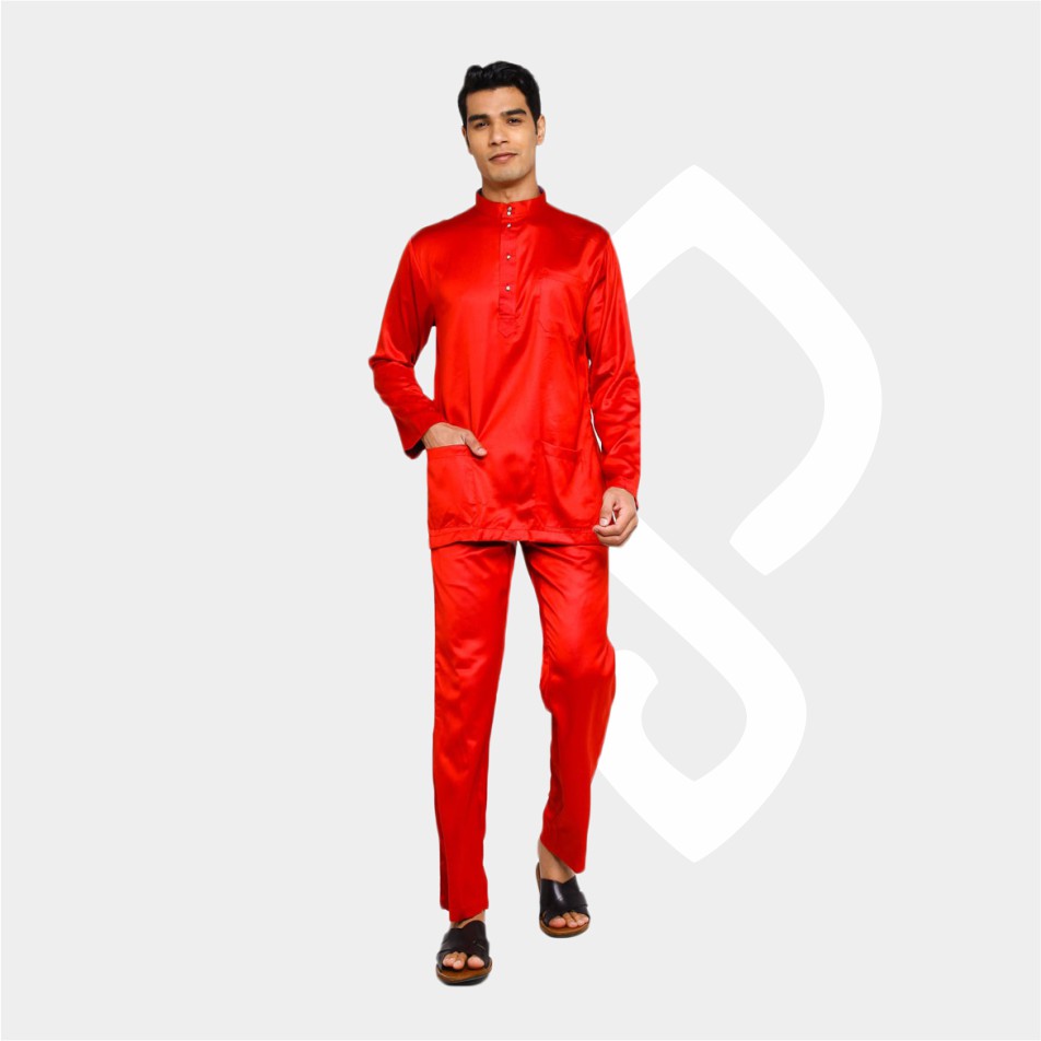 Baju Koko Pria Melayu Cekak Musang Bahan Satin Setelan Muslim Kurung Teluk Belanga Merah