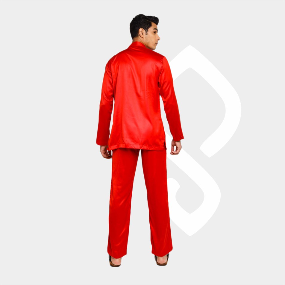 Baju Koko Pria Melayu Cekak Musang Bahan Satin Setelan Muslim Kurung Teluk Belanga Merah