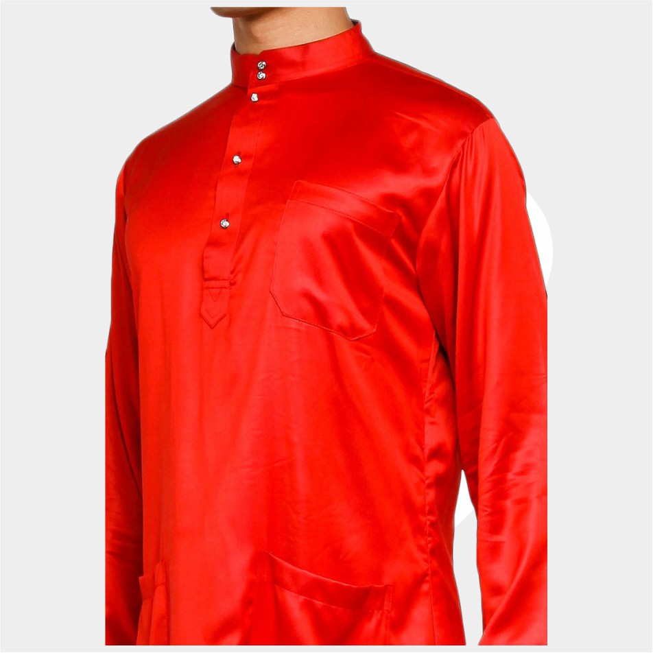 Baju Koko Pria Melayu Cekak Musang Bahan Satin Setelan Muslim Kurung Teluk Belanga Merah