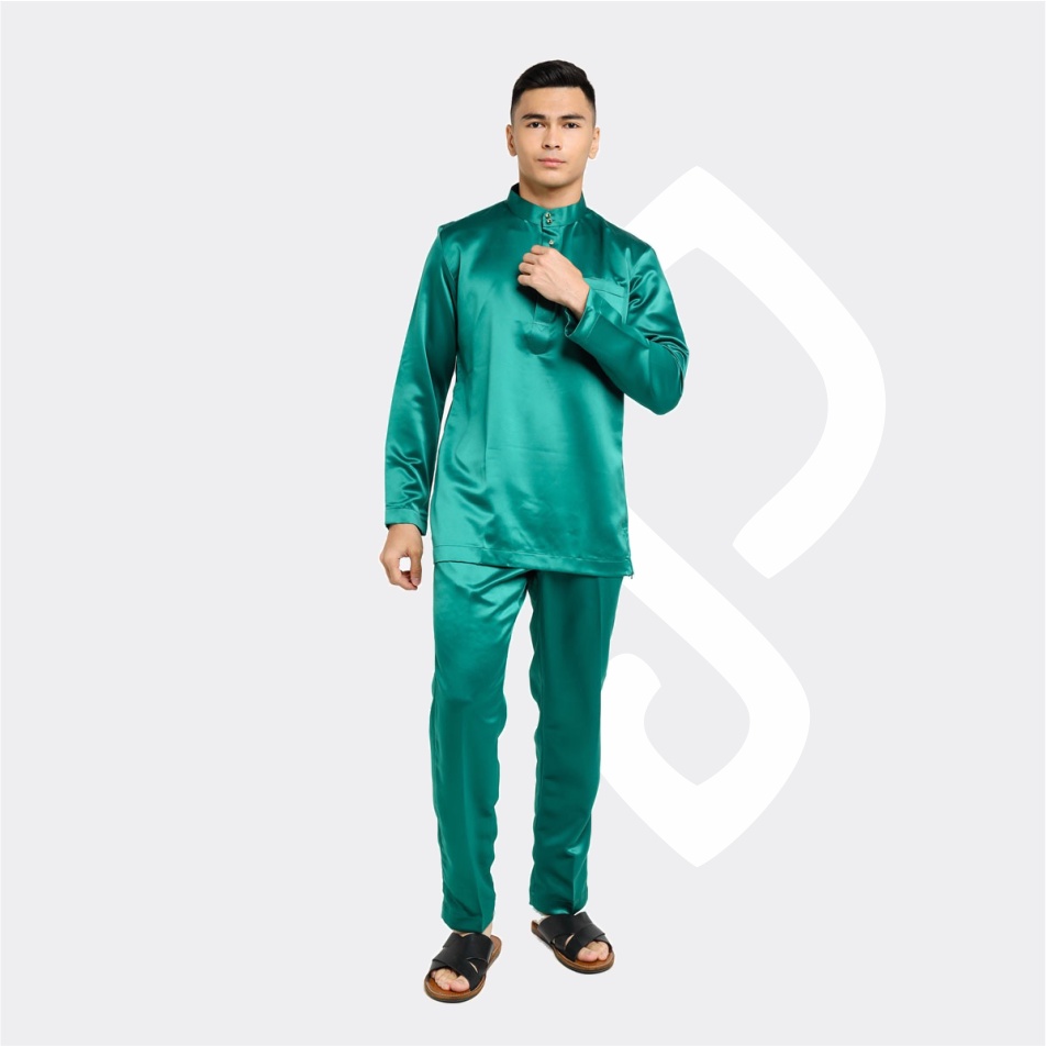 Baju Koko Pria Melayu Cekak Musang Bahan Satin Setelan Muslim Kurung Teluk Belanga Hijau Tosca