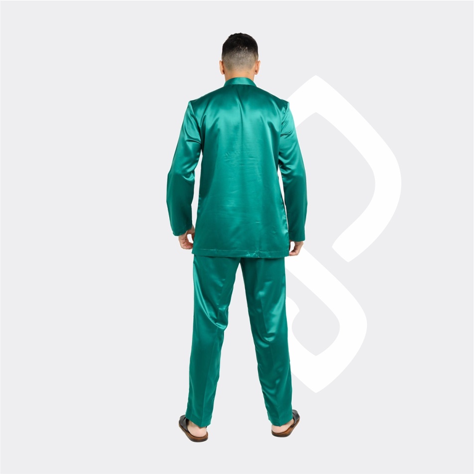 Baju Koko Pria Melayu Cekak Musang Bahan Satin Setelan Muslim Kurung Teluk Belanga Hijau Tosca