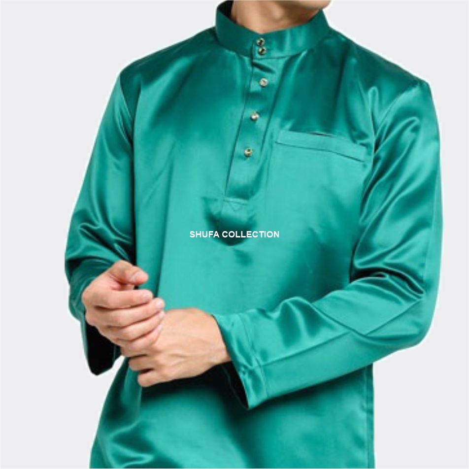 Baju Koko Pria Melayu Cekak Musang Bahan Satin Setelan Muslim Kurung Teluk Belanga Hijau Tosca