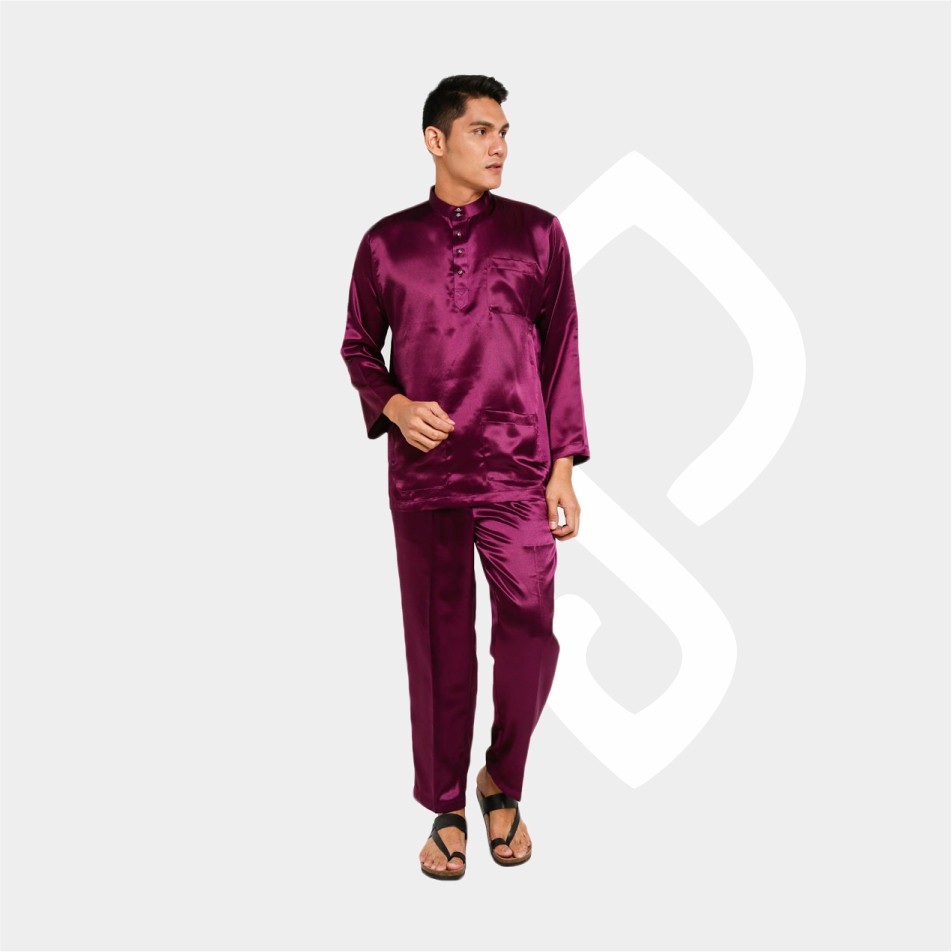 Baju Koko Pria Melayu Cekak Musang Bahan Satin Setelan Muslim Kurung Teluk Belanga Purple / Ungu