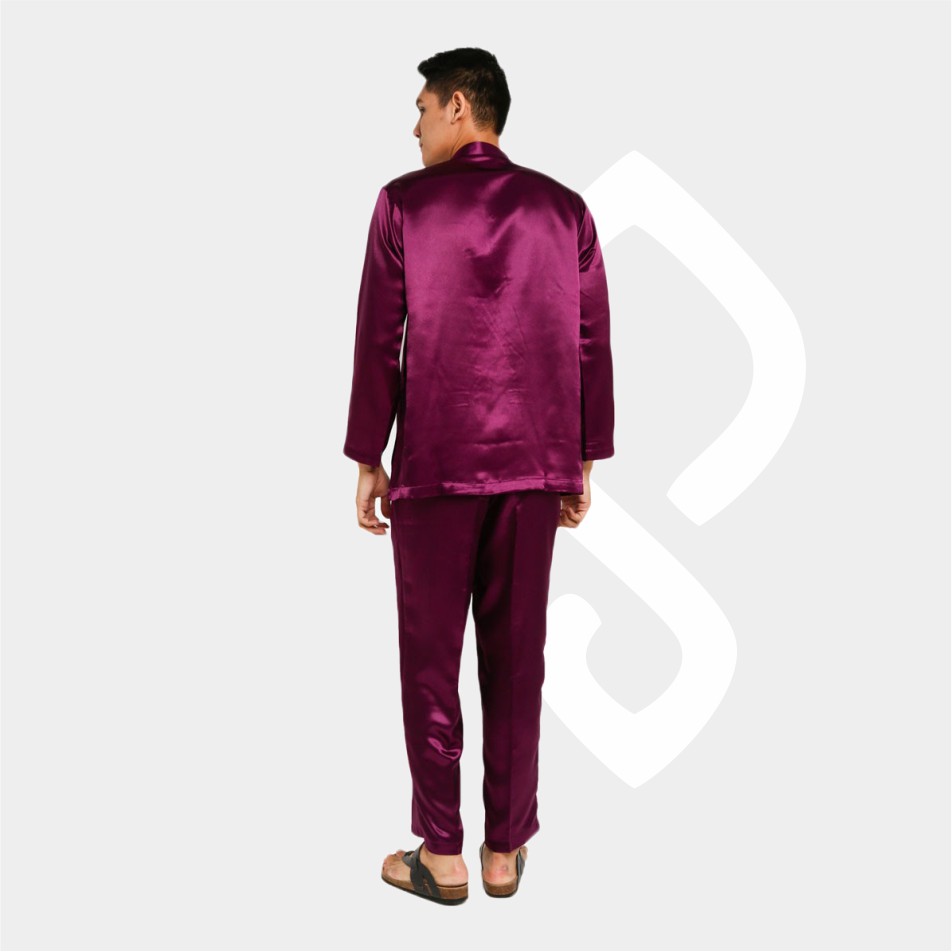 Baju Koko Pria Melayu Cekak Musang Bahan Satin Setelan Muslim Kurung Teluk Belanga Purple / Ungu