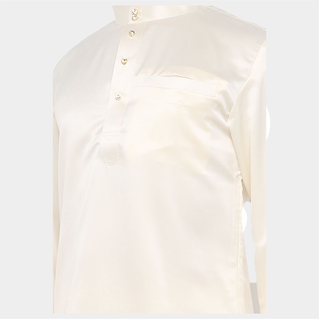 Baju Koko Pria Melayu Cekak Musang Bahan Satin Setelan Muslim Kurung Teluk Belanga Putih Tulang (Broken White)