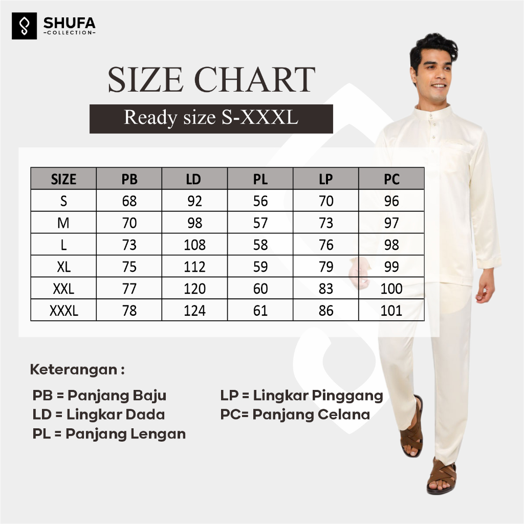 Baju Koko Pria Melayu Cekak Musang Bahan Satin Setelan Muslim Kurung Teluk Belanga Putih Tulang (Broken White)