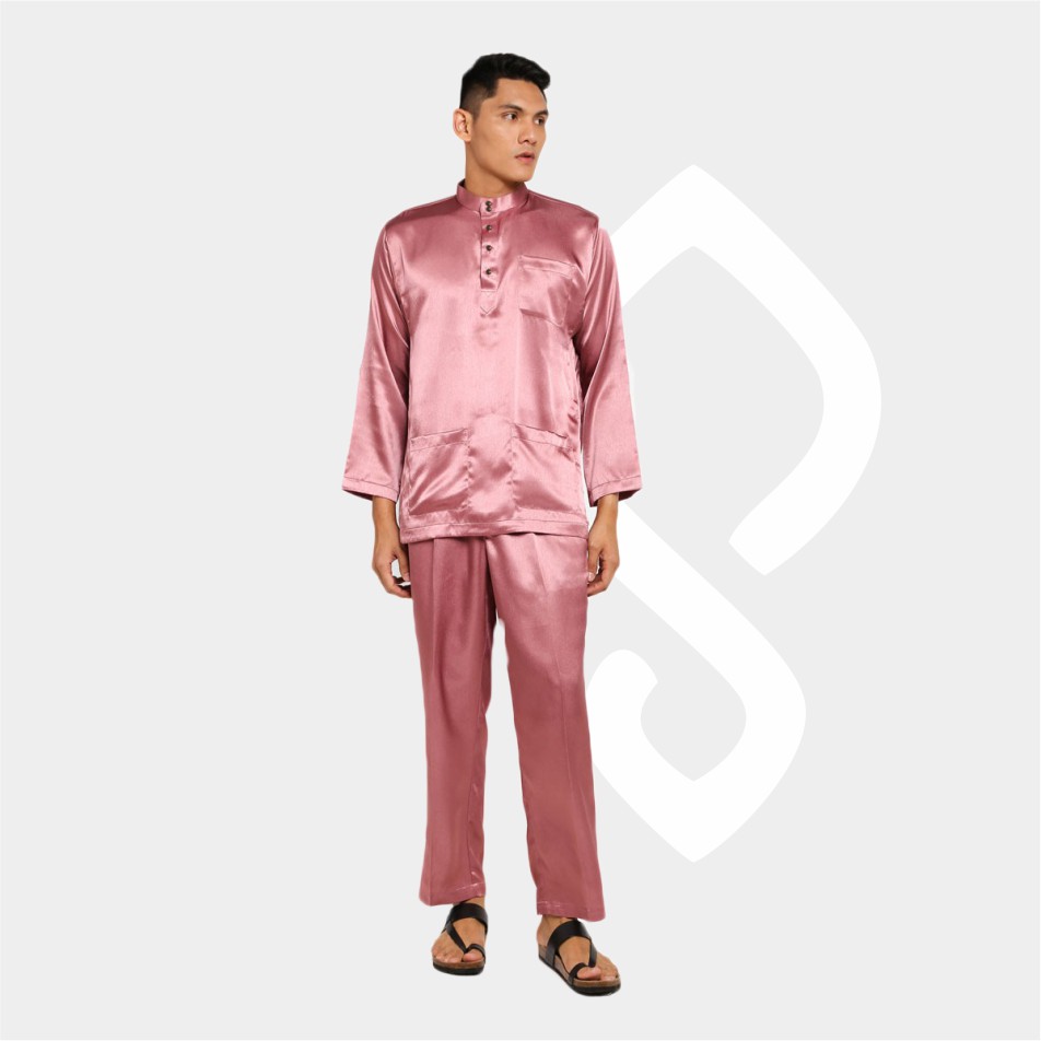 Baju Koko Pria Melayu Cekak Musang Bahan Satin Setelan Muslim Kurung Teluk Belanga Rose Gold