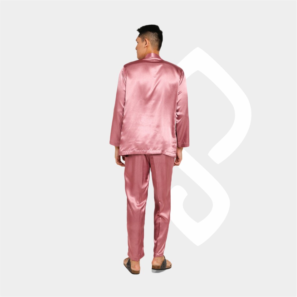 Baju Koko Pria Melayu Cekak Musang Bahan Satin Setelan Muslim Kurung Teluk Belanga Rose Gold