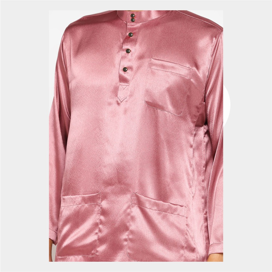 Baju Koko Pria Melayu Cekak Musang Bahan Satin Setelan Muslim Kurung Teluk Belanga Rose Gold