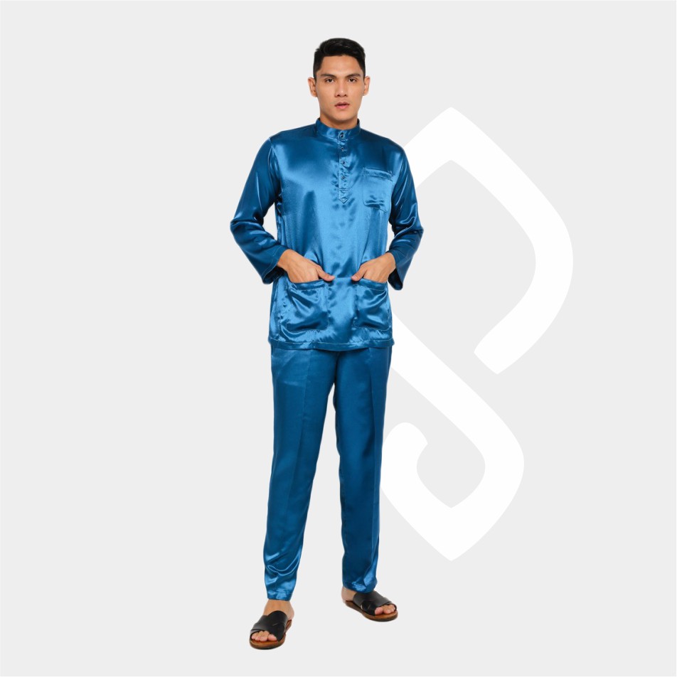 Baju Koko Pria Melayu Cekak Musang Bahan Satin Setelan Muslim Kurung Teluk Belanga Biru Tosca