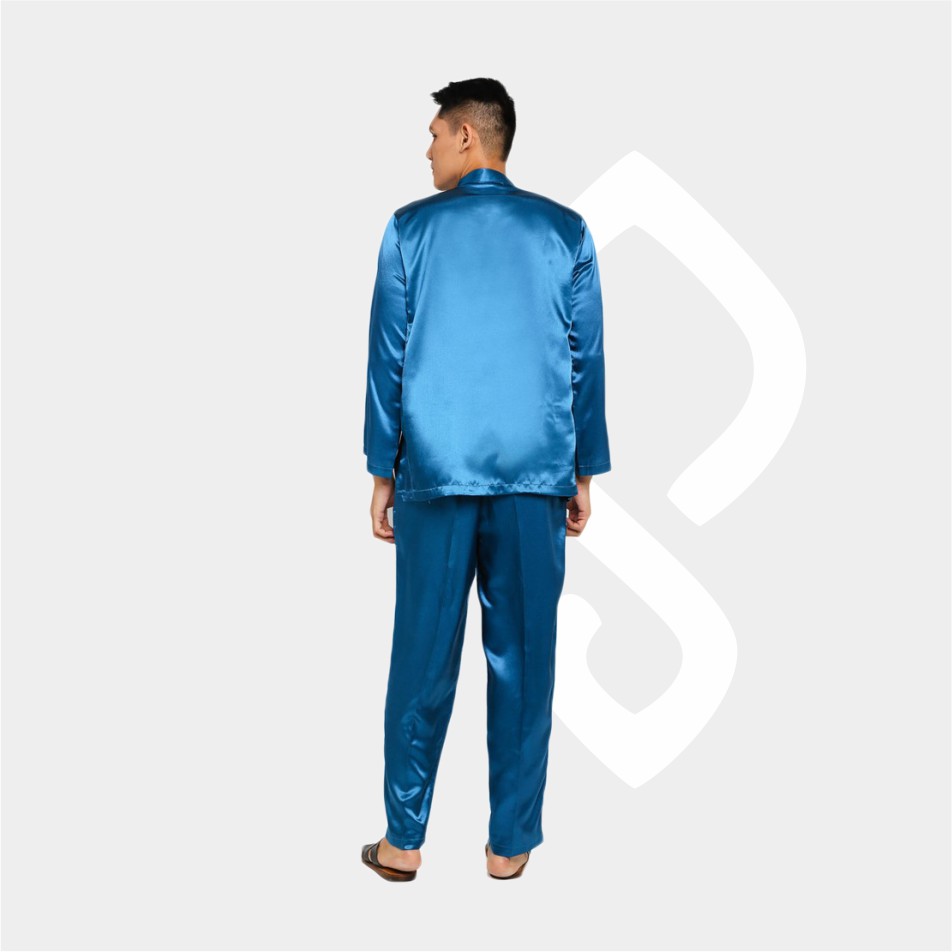 Baju Koko Pria Melayu Cekak Musang Bahan Satin Setelan Muslim Kurung Teluk Belanga Biru Tosca