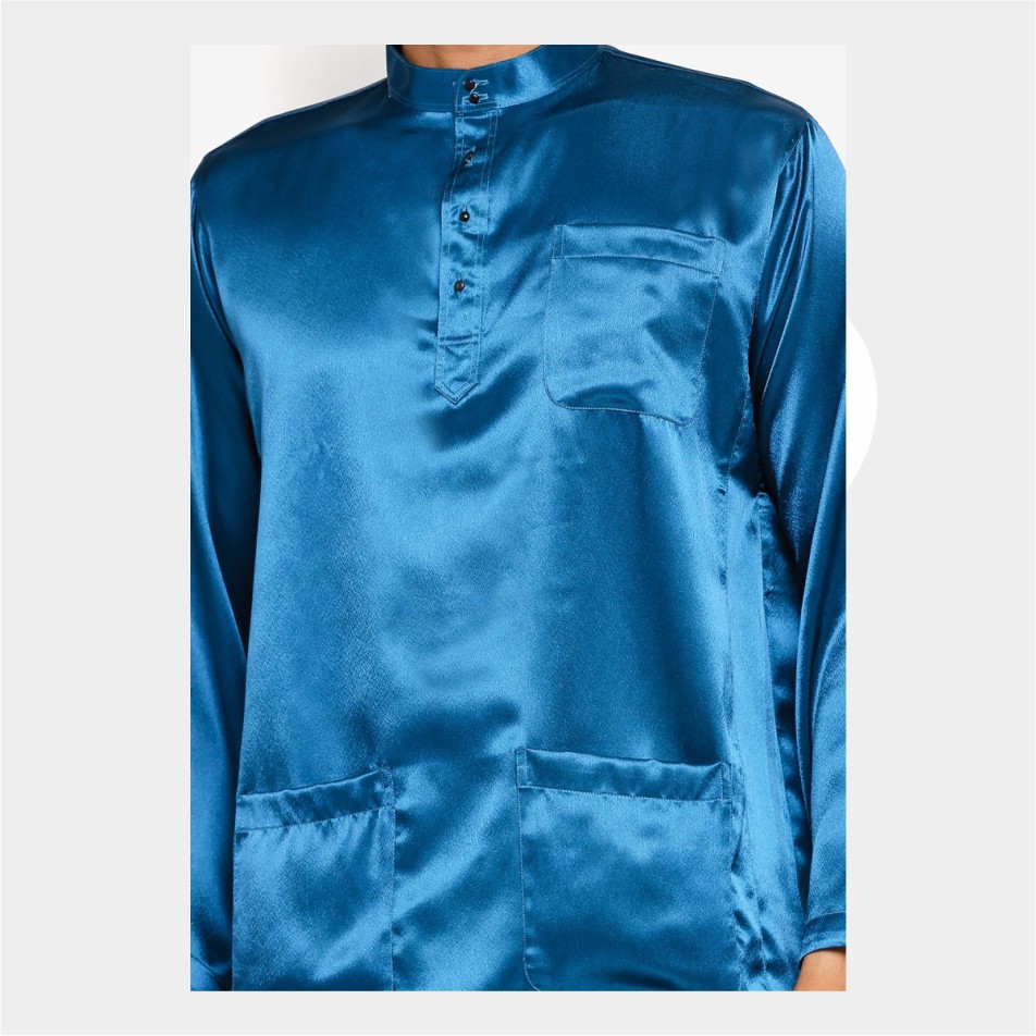 Baju Koko Pria Melayu Cekak Musang Bahan Satin Setelan Muslim Kurung Teluk Belanga Biru Tosca