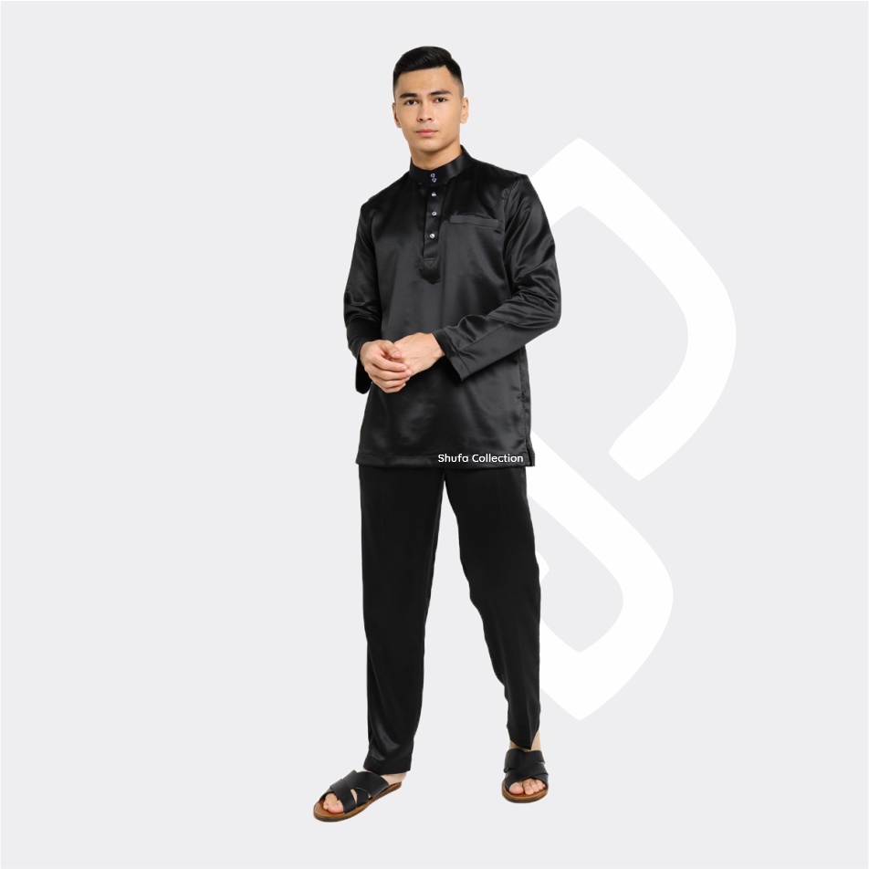 Baju Koko Pria Melayu Cekak Musang Bahan Satin Setelan Muslim Kurung Teluk Belanga Hitam