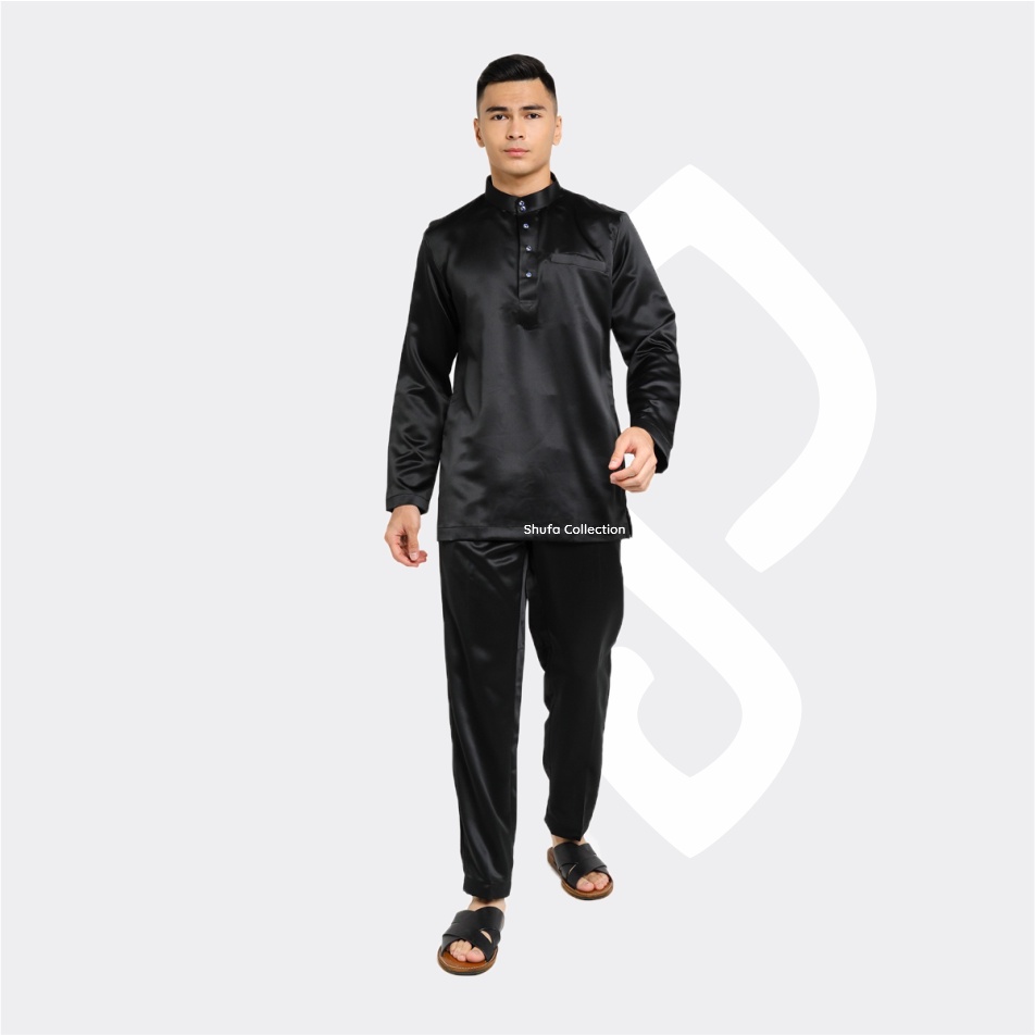 Baju Koko Pria Melayu Cekak Musang Bahan Satin Setelan Muslim Kurung Teluk Belanga Hitam