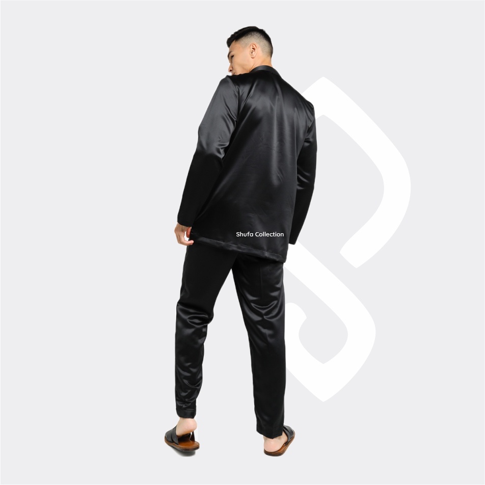 Baju Koko Pria Melayu Cekak Musang Bahan Satin Setelan Muslim Kurung Teluk Belanga Hitam